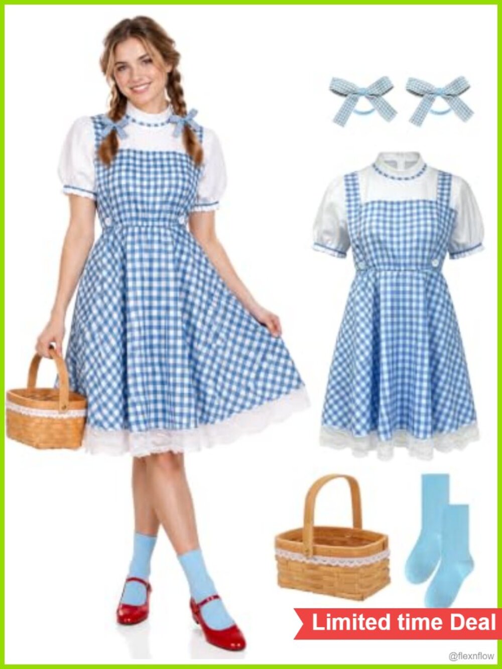 Halloween Costume Women Polyester Gingham Dress Basket Full Set